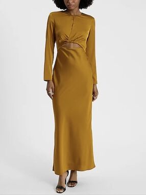 Express Mustard Gold Satin Long Sleeve Cutout Twist Maxi Dress